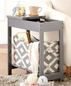 Narrow Wood Side Table with Flip-Top and Fabric Storage Bin
