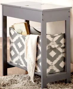 Narrow Wood Side Table with Flip-Top and Fabric Storage Bin