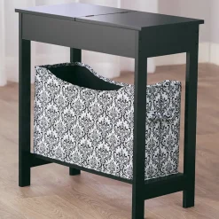 Narrow Wood Side Table with Flip-Top and Fabric Storage Bin