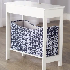 Narrow Wood Side Table with Flip-Top and Fabric Storage Bin