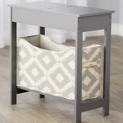 Narrow Wood Side Table with Flip-Top and Fabric Storage Bin