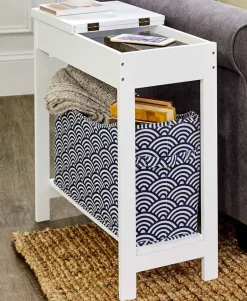 Narrow Wood Side Table with Flip-Top and Fabric Storage Bin