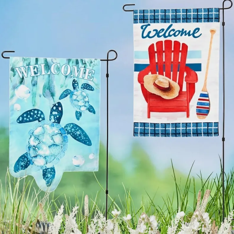 Nature-Themed Welcome Garden Flag With Stake – Turtle or Beach Chair