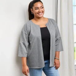 Open Front Cardigan with Ruffle 3/4 Sleeve
