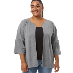 Open Front Cardigan with Ruffle 3/4 Sleeve