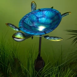 Outdoor Solar Birdbath and Feeder with Stake Turtle or Flamingo