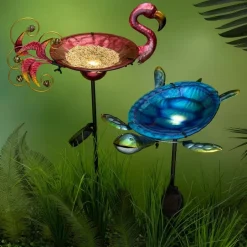 Outdoor Solar Birdbath and Feeder with Stake Turtle or Flamingo