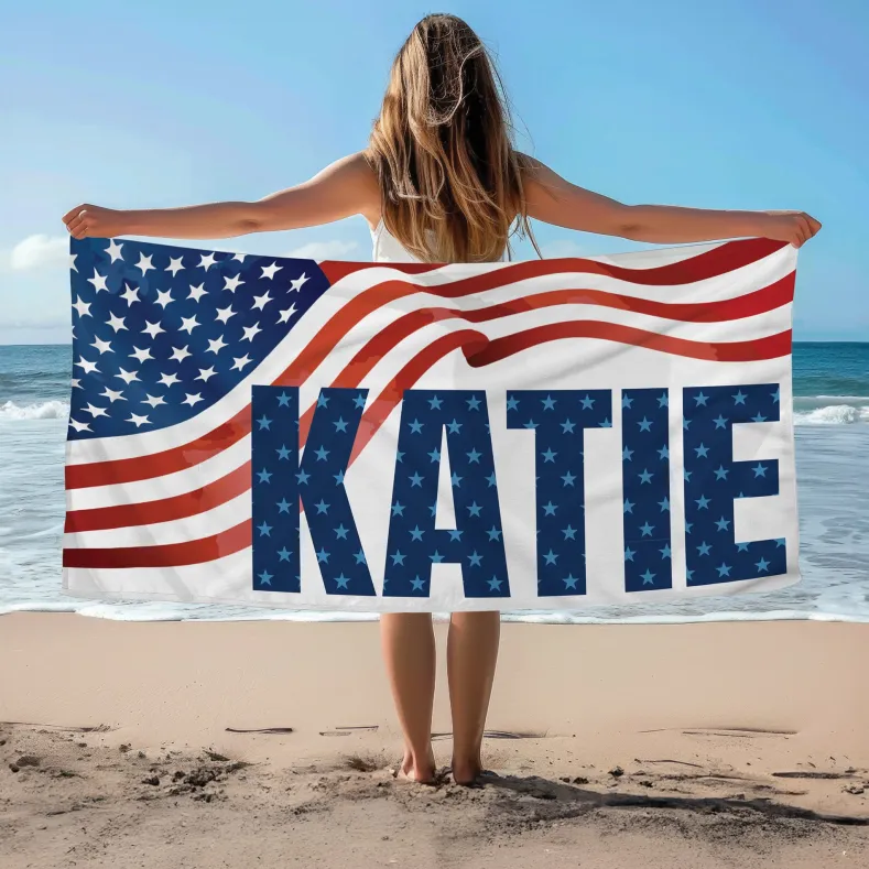 Personalized American Flag Big Bold Name Beach Towel