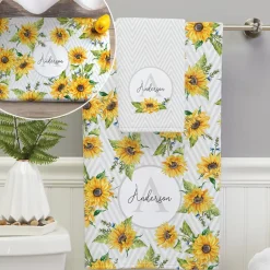 Personalized Sunflower Pattern Towel and Bath Mat