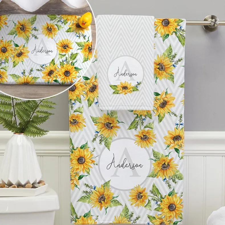 Personalized Sunflower Pattern Towel and Bath Mat