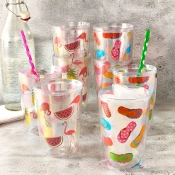 Plastic 16oz Insulated Tumbler Set of 4 Flamingo or Flipflops