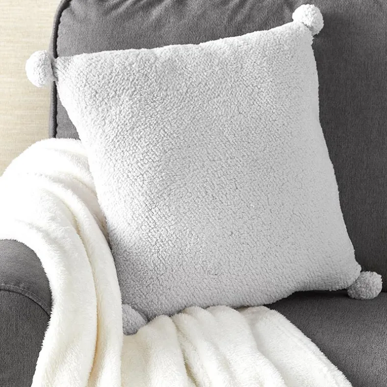Pom-Pom Faux Shearling Gray Throw Pillow