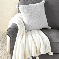 Pom-Pom Faux Shearling Gray Throw Pillow