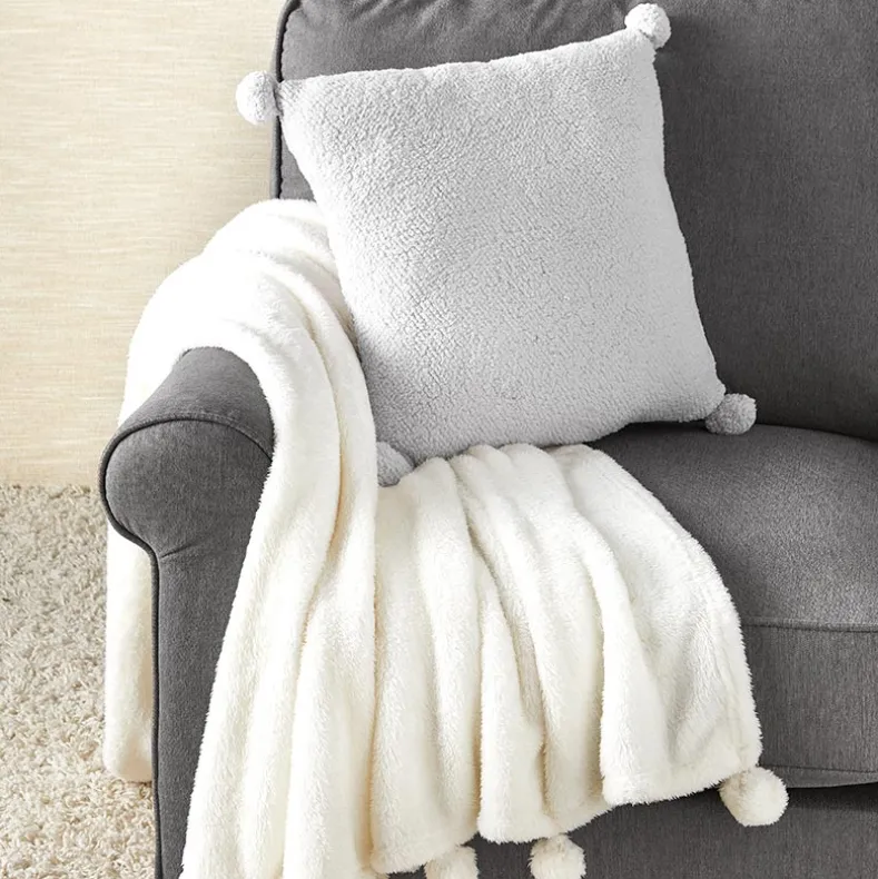 Pom-Pom Faux Shearling Gray Throw Pillow