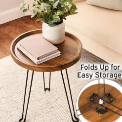 Round Wooden Side Table with Metal Foldable Legs - 15