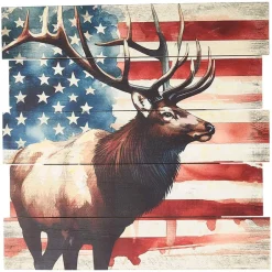 Rustic Plank Wall Art – Buck with American Flag Decor