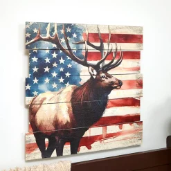 Rustic Plank Wall Art – Buck with American Flag Decor