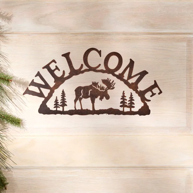 Rustic Woodland Moose Metal Welcome Sign