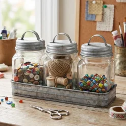 Set of 3 Glass Canisters in Galvanized Tray