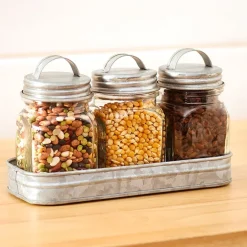 Set of 3 Glass Canisters in Galvanized Tray