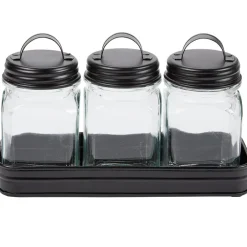 Set of 3 Glass Canisters in Galvanized Tray