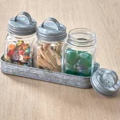 Set of 3 Glass Canisters in Galvanized Tray