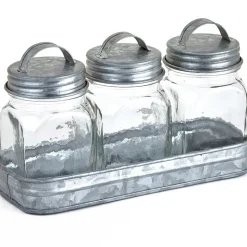 Set of 3 Glass Canisters in Galvanized Tray