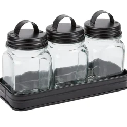 Set of 3 Glass Canisters in Galvanized Tray
