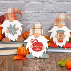 Set of 3 Gnome Fall Plaid Wood Tabletop Decor