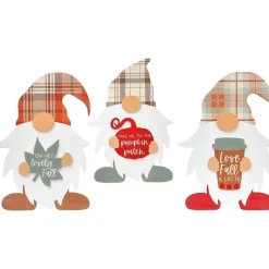 Set of 3 Gnome Fall Plaid Wood Tabletop Decor