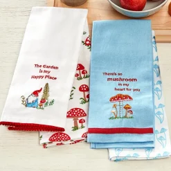 Set of 2 Spring Mushroom Embroidered Kitchen Towels