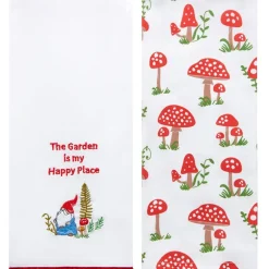 Set of 2 Spring Mushroom Embroidered Kitchen Towels