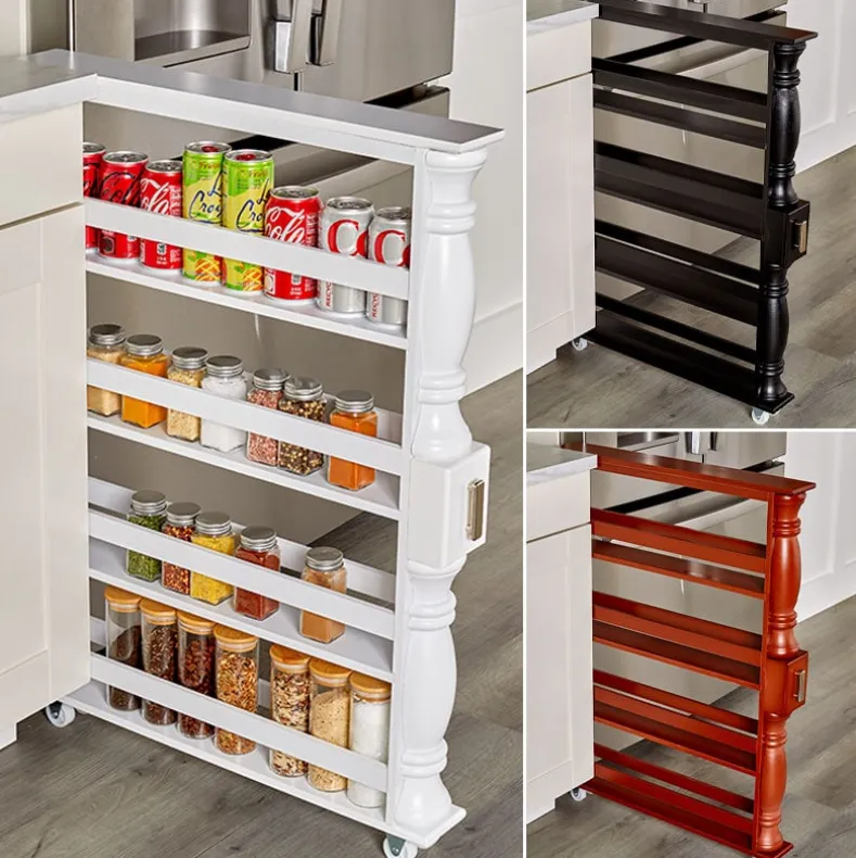 Slim Wooden Spice Rack Cabinet with Wheels - Black, Walnut or White