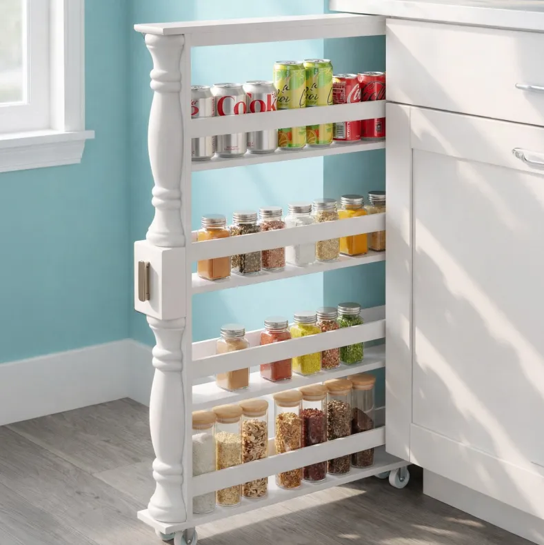 Slim Wooden Spice Rack Cabinet with Wheels - Black, Walnut or White