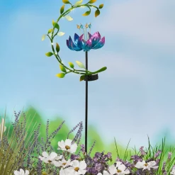 Solar Flower and Leaves Wind Spinner Garden Stake Red or Blue