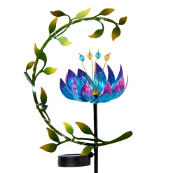 Solar Flower and Leaves Wind Spinner Garden Stake Red or Blue