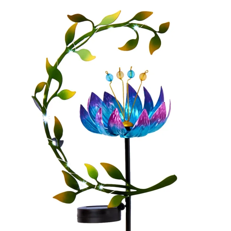 Solar Flower and Leaves Wind Spinner Garden Stake Red or Blue