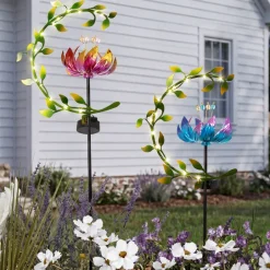 Solar Flower and Leaves Wind Spinner Garden Stake Red or Blue