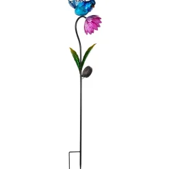 Solar Flower With Perched Bird Garden Stake - Blue or Red