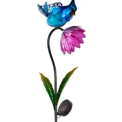 Solar Flower With Perched Bird Garden Stake - Blue or Red