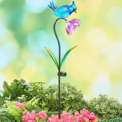 Solar Flower With Perched Bird Garden Stake - Blue or Red