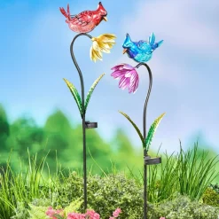 Solar Flower With Perched Bird Garden Stake - Blue or Red