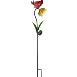 Solar Flower With Perched Bird Garden Stake - Blue or Red