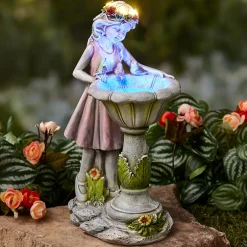 Solar Girl Bird Bath with LED Lights