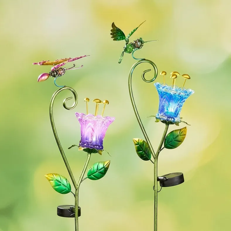 Solar Glass Flower Garden Stake - Butterfly or Hummingbird