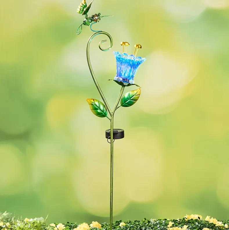 Solar Glass Flower Garden Stake - Butterfly or Hummingbird