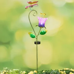 Solar Glass Flower Garden Stake - Butterfly or Hummingbird