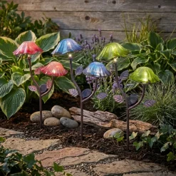 Solar-Powered Double Mushroom Stake – Pink, Green, and Blue