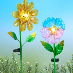 Solar Powered Floral Garden Stake Pansy or Sunflower