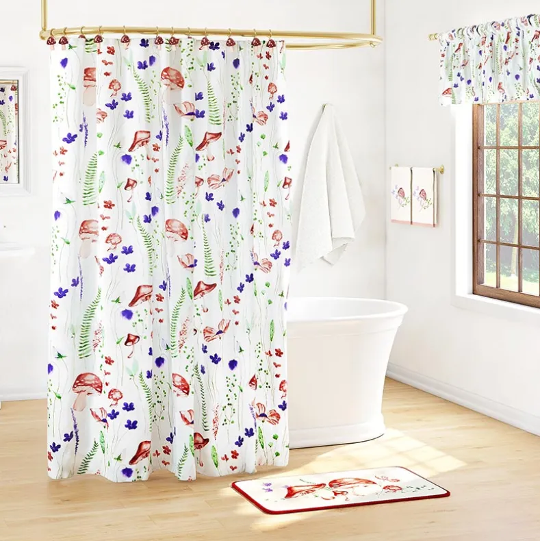 Spring Mushroom Shower Curtain, Bath Rug, Hand Towels, Valance or Hooks